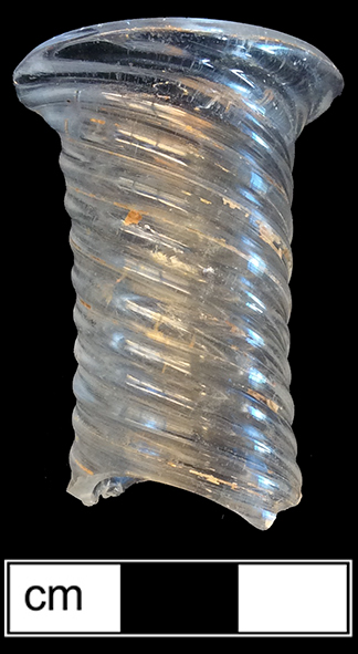 Colorless leaded glass cruet. Everted lip. Spiral, 1.25” rim diameter. Lot 299. 18BC27-F26
